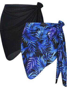 Women's Black And Blue Leaves Floral 2 Pieces Sheer Bikini Swimsuit Cover Ups